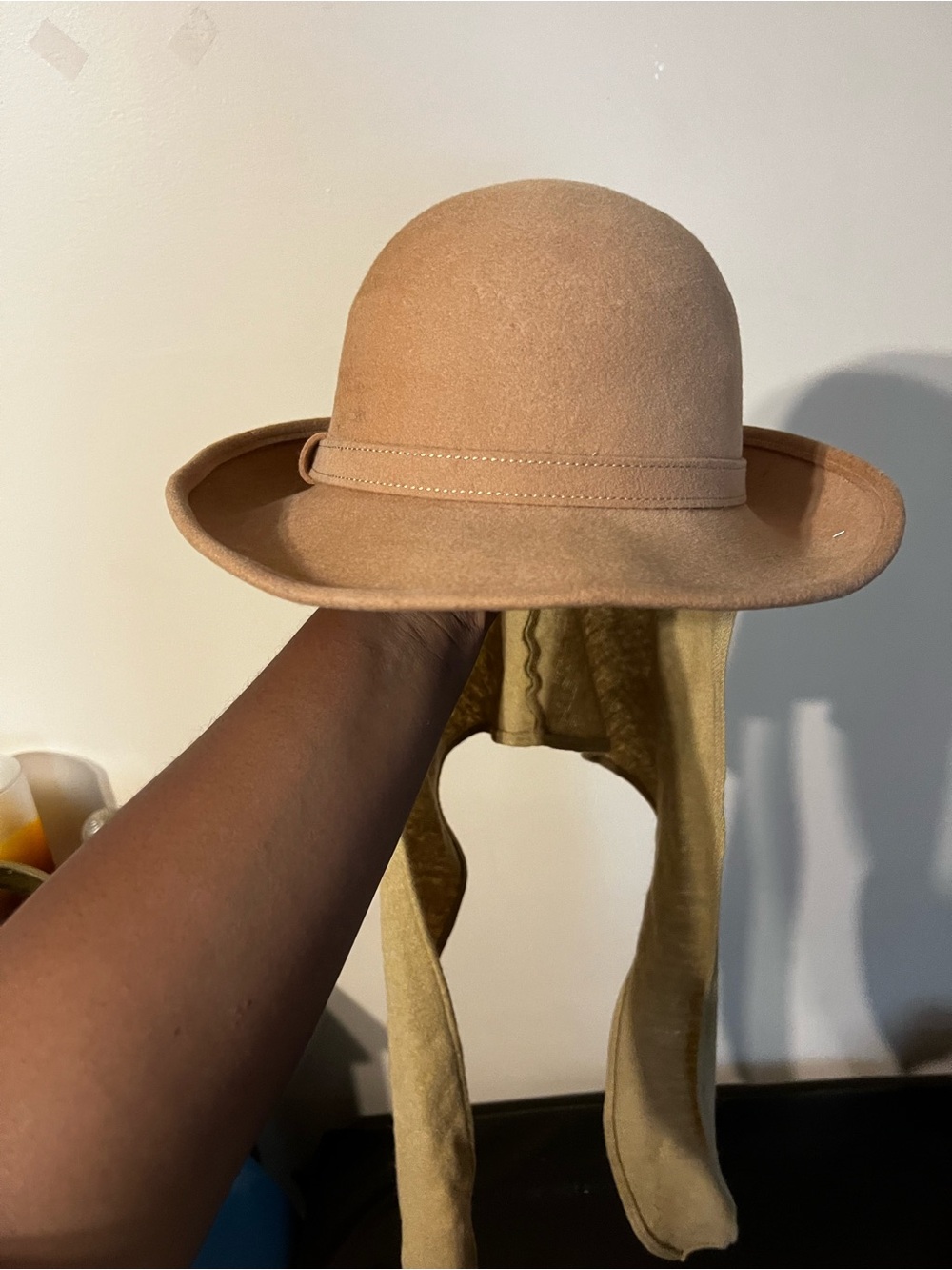 Adolfo Beige Felt Bowler Hat with Attached Scarf